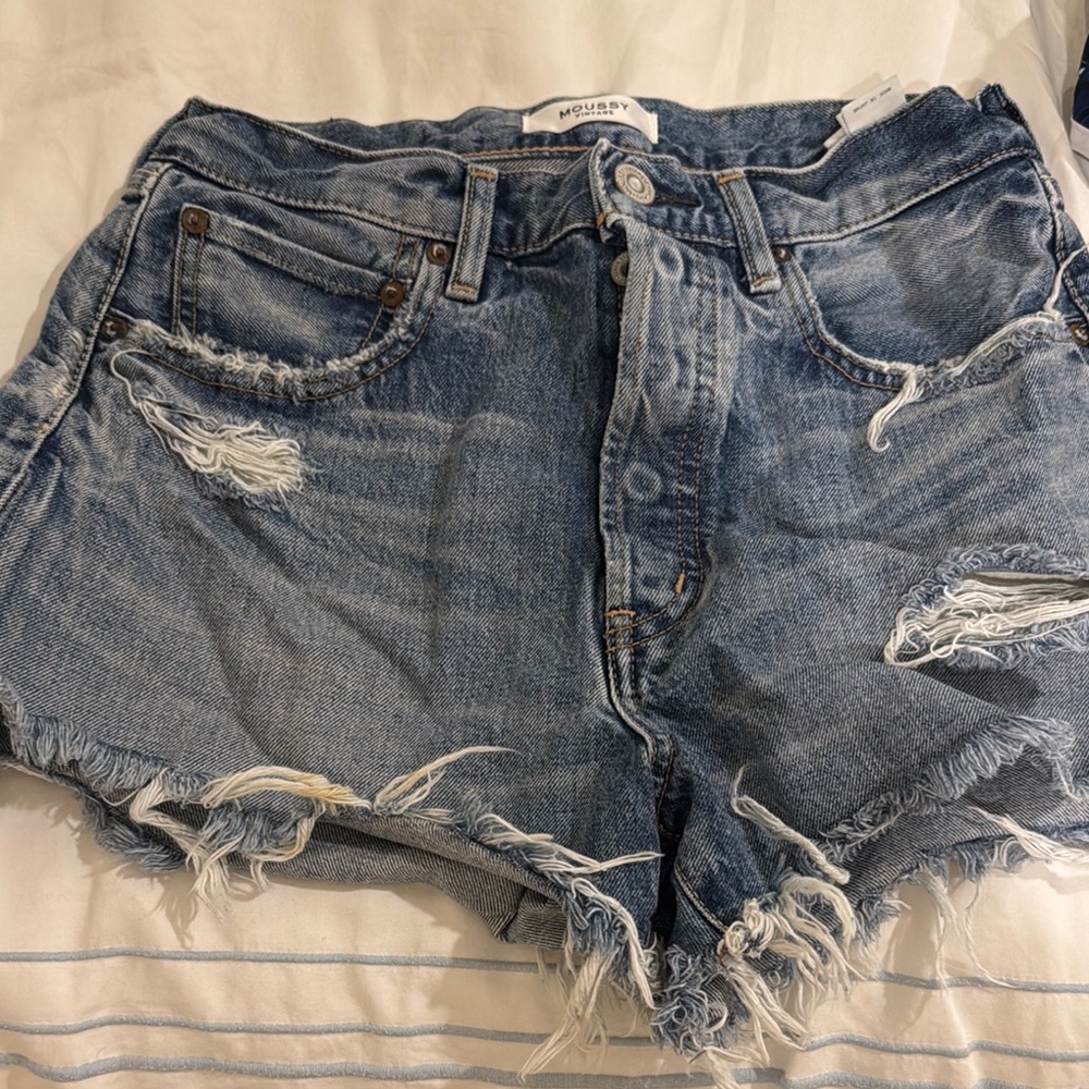 Moussy Blue Distressed Jean Shorts Relaxed Fit